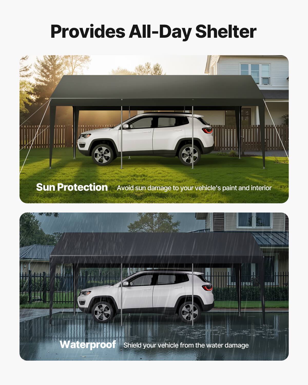 Provides All-Day Shelter

Sun Protection
Avoid sun damage to your vehicle's paint and interior

Waterproof
Shield your vehicle from the water damage