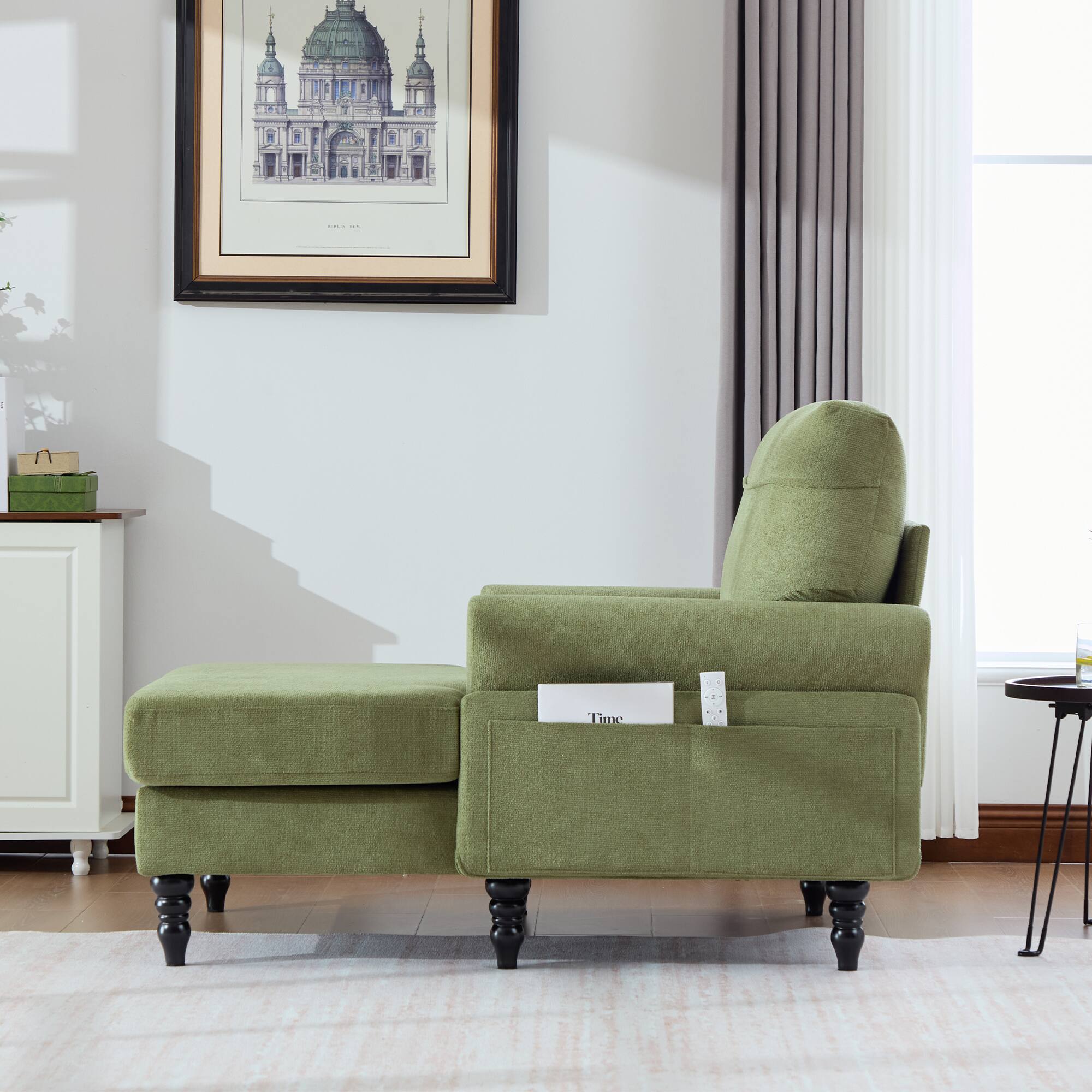 Left. Trinkets Crazed - Chenille Fabric Chaise Lounge Recliner Single Sofa Living Room Bedroom Rest Chair Wooden Sofa Legs - Olive Green.