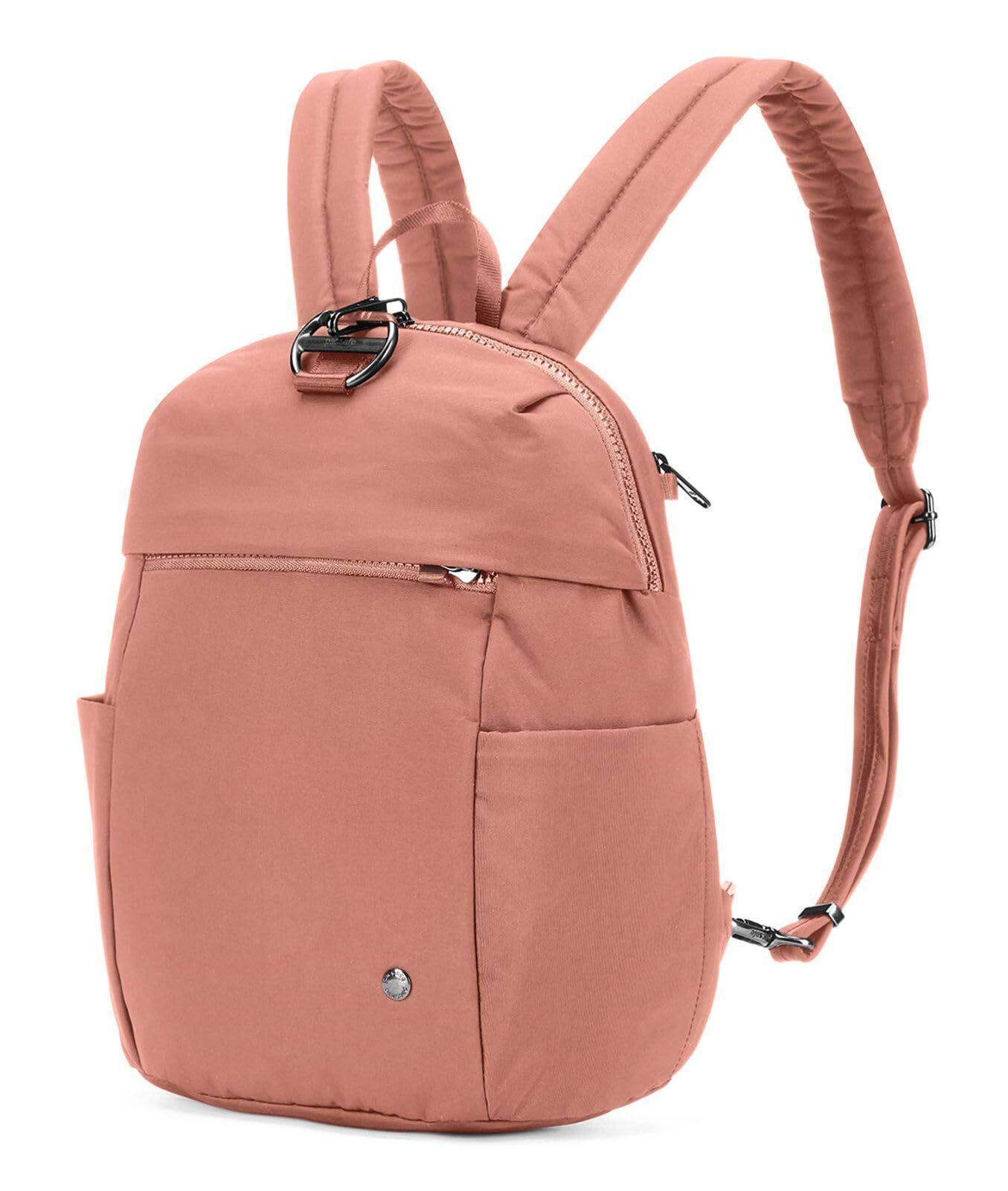 Angle. Pacsafe - CX Backpack Petite, Econyl Rose - Econyl Rose.