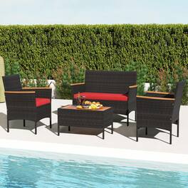 Costway - 4 PCS Patio Wicker Sofa Set with Coffee Table Acacia Wood Armrests & Tabletop - Mix Brown + Red