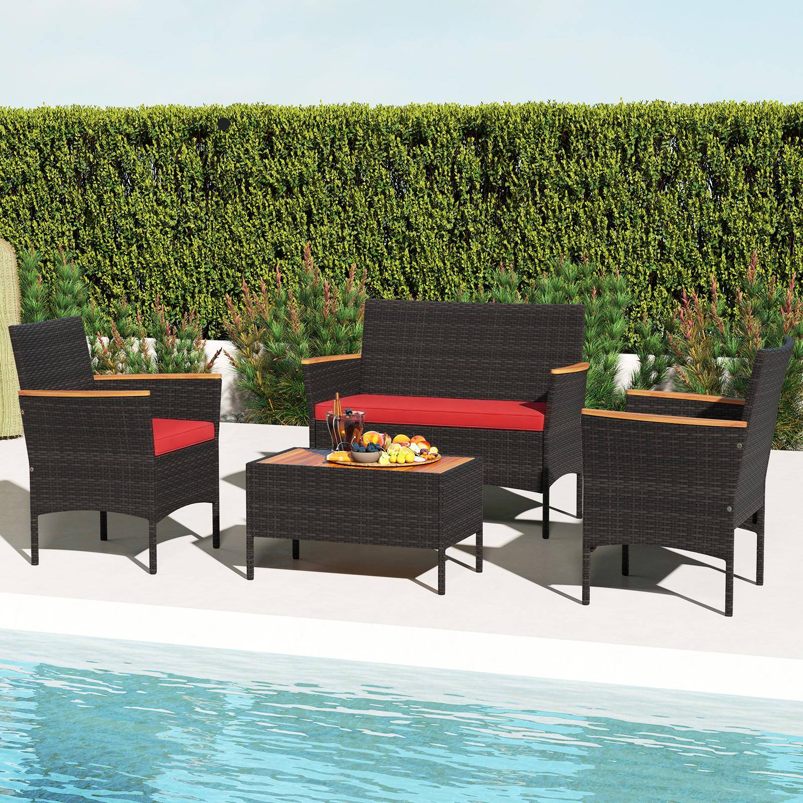 Alt View 1. Costway - Costway 4 PCS Patio Wicker Sofa Set with Coffee Table Acacia Wood Armrests & Tabletop - Mix Brown + Red.