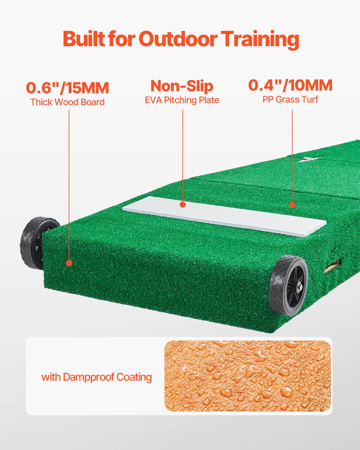 Built for Outdoor Training

0.6"/15MM Thick Wood Board

Non-Slip EVA Pitching Plate

0.4"/10MM PP Grass Turf

with Dampproof Coating