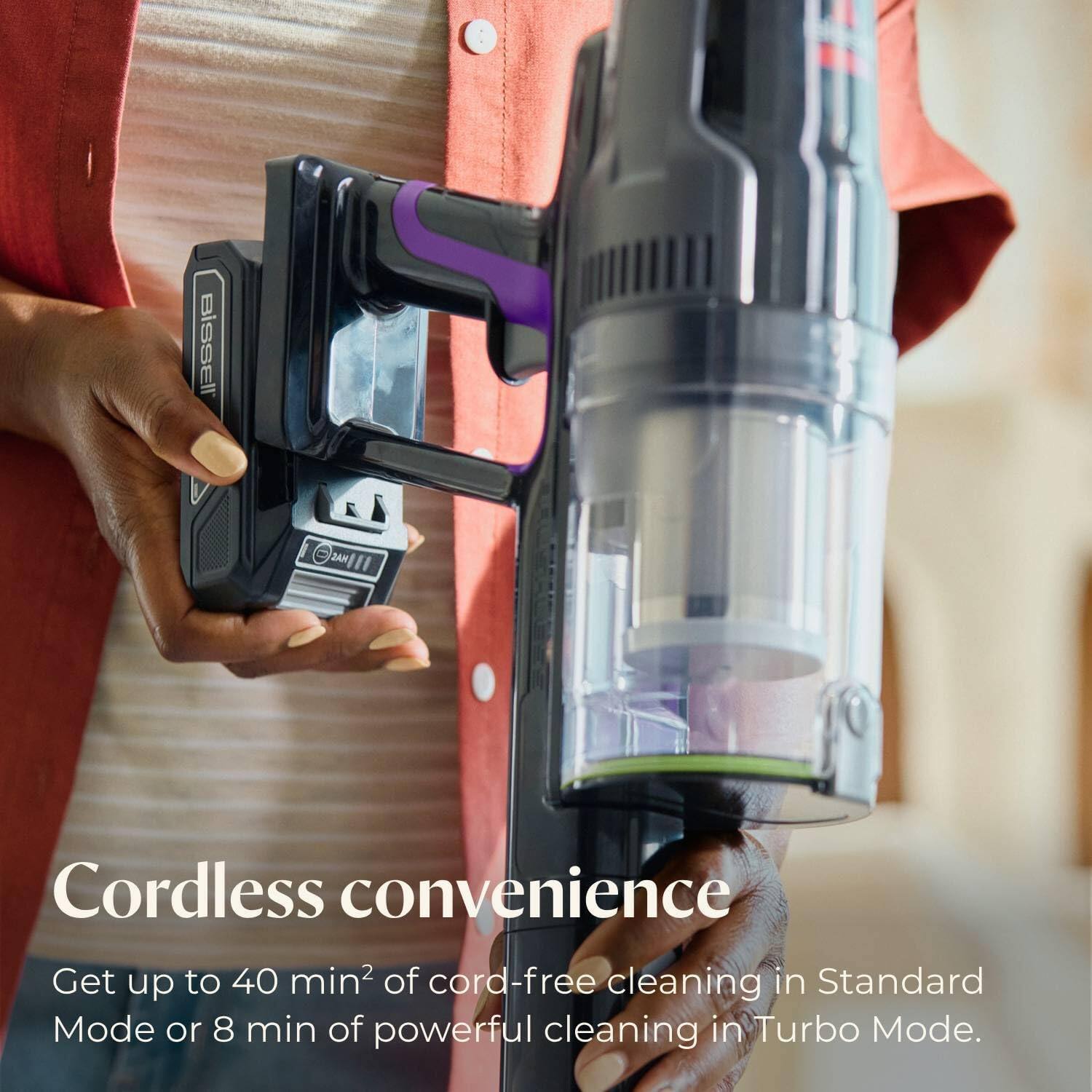 Bissell w11 Cordless convenience Get up to 40 min of cord-free cleaning in Standard Mode or 8 min of powerful cleaning in Turbo Mode.