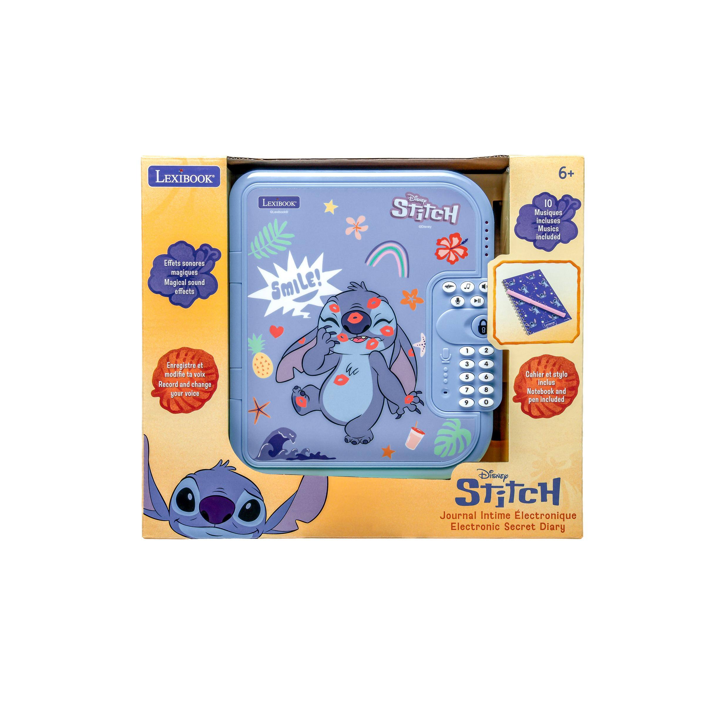 LEXIBOOK Effets sonores magiques Magical sound effects  
LEXIBOOK Embund Smile!  
Disney StitcH Daily JQ H  
6+ 10 Musiques incluses Musics included  
Enregistre et modifie ta voix Record and change your voice  
Cahier et stylo inclus Notebook and pen included  
Disney StitcH Journal Intime Electronique Electronic Secret Diary