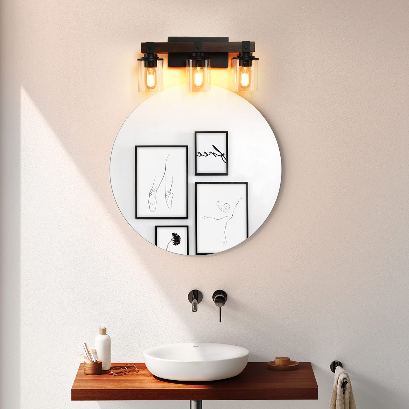 APRILSOUL - 19 Inch Rustic 3-Light Vanity Light Industrial Bathroom Wall Sconce with Glass Shades and Wood Accent No Bulbs