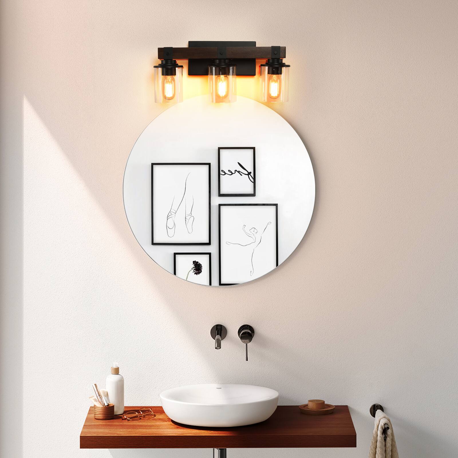 Front. APRILSOUL - 19 Inch Rustic 3-Light Vanity Light Industrial Bathroom Wall Sconce with Glass Shades and Wood Accent No Bulbs.