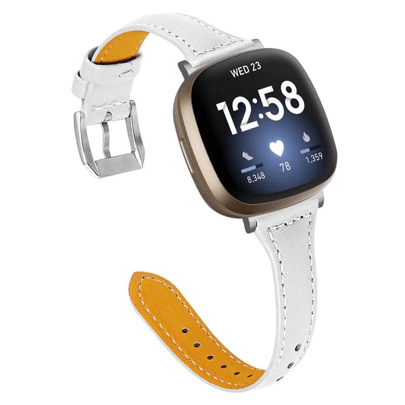 StrapsCo - Slim Everyday Genuine Leather Watch Band Strap For Fitbit Versa 4 - White