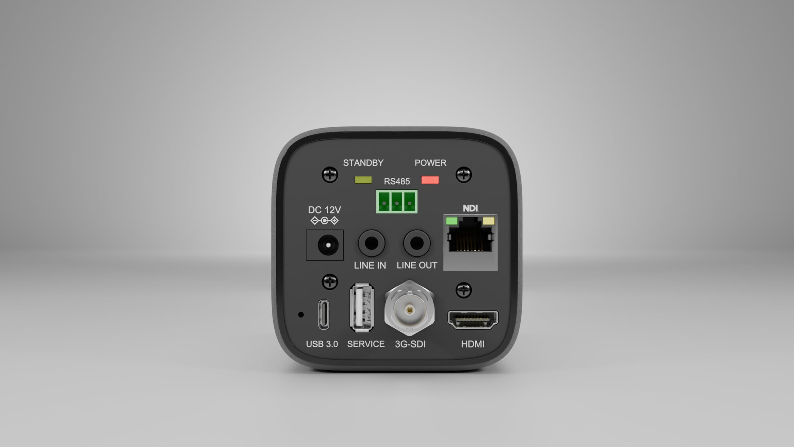 STANDBY POWER  
DC 12V  
RS485  
NDI  
LINE IN LINE OUT  
USB 3.0 SERVICE  
3G-SDI  
HDMI