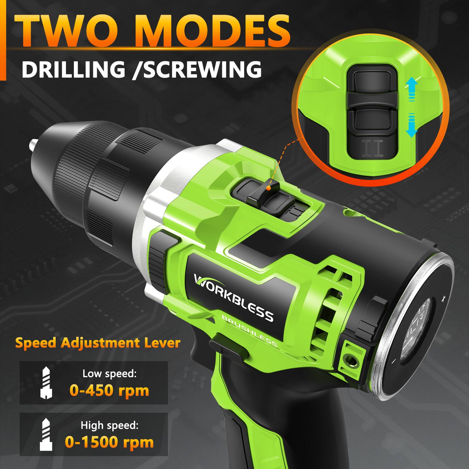 TWO MODES  
DRILLING / SCREWING  

WORKLESS  
BRUSHLESS  

Speed Adjustment Lever  
Low speed: 0-450 rpm  
High speed: 0-1500 rpm