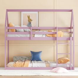 GOODSILO - House-Shaped Twin Over Twin Rubber Wood Bunk Bed with Ladder and Guardrails for Kids - Pink