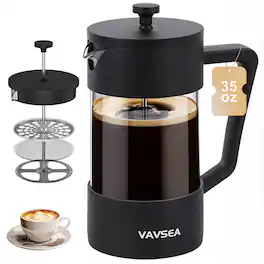 VAVSEA - Thickened French Press Coffee Maker, 35oz Borosilicate Glass Coffee Press with Fine Filtration System, Heat Resistant, D - Black