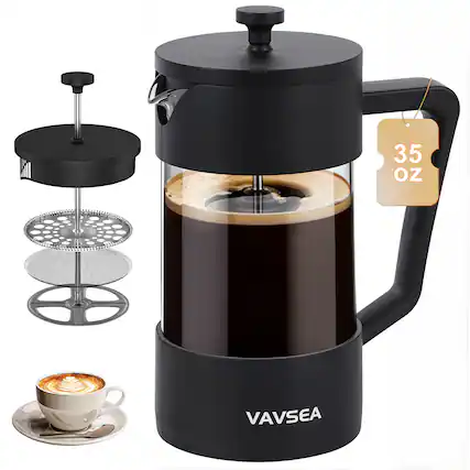 Front. VAVSEA - Thickened French Press Coffee Maker, 35oz Borosilicate Glass Coffee Press with Fine Filtration System, Heat Resistant, D - Black.