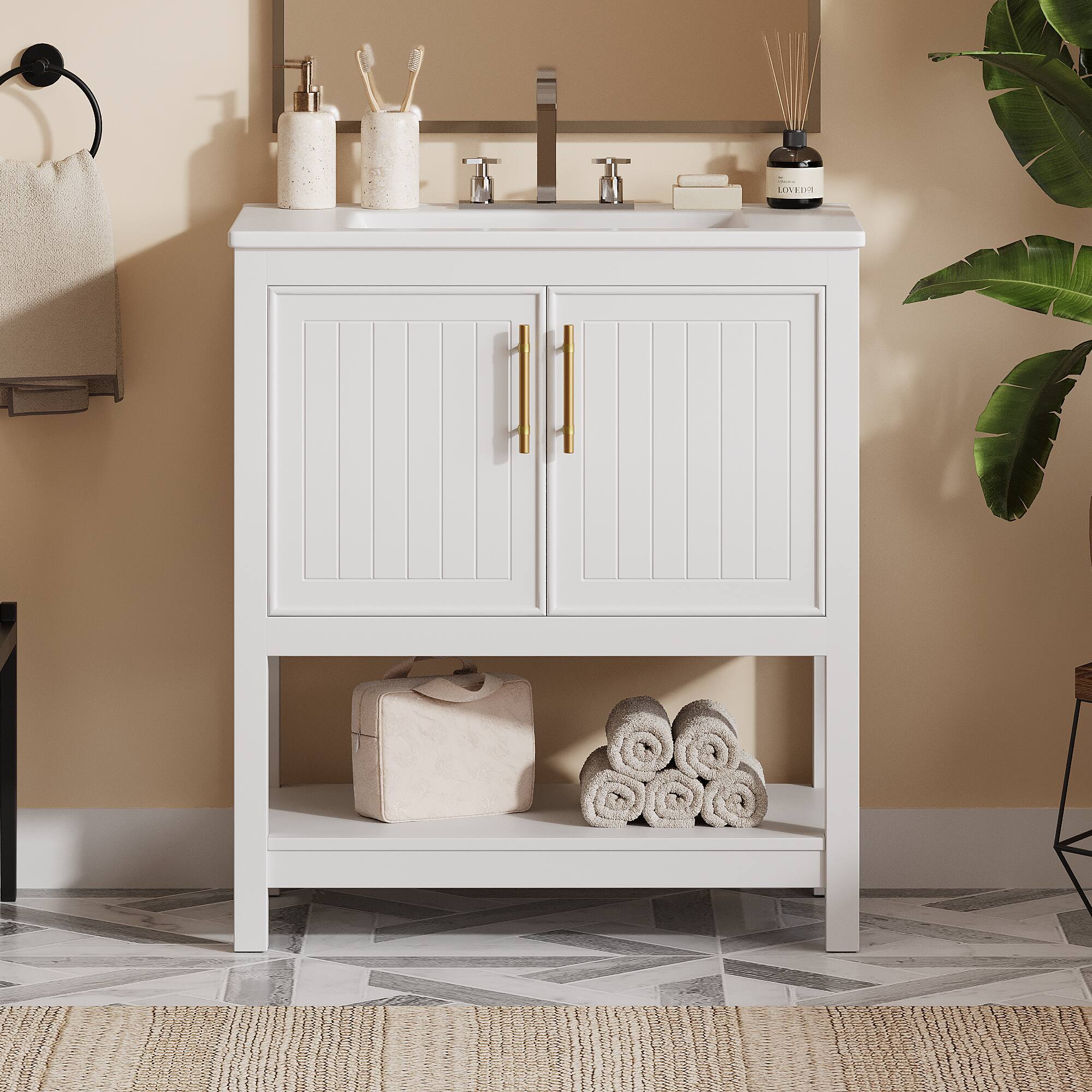 Left. Whisen - 30-Inch Bathroom Vanity with Ceramic Sink,Compact Storage Cabinet with Soft-Close Doors-White - White.
