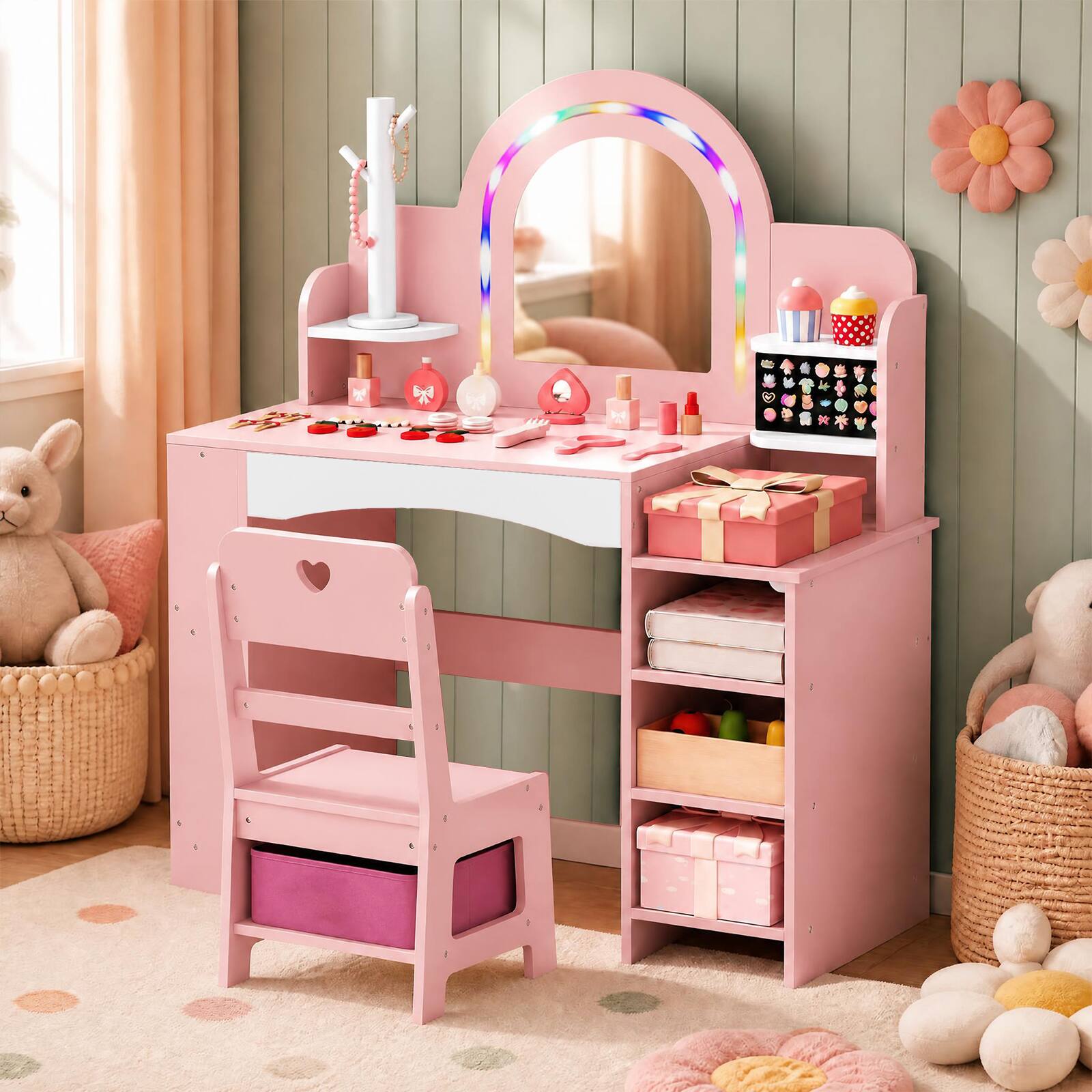 Alt View 3. Costway - Costway Kids Vanity Desk with Mirror and Lights Princess Pretend Play Makeup Table - Pink.