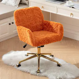Trinkets Crazed - Cute Vantiy Desk Chair Comfy, Sherpa Makeup Vanity Chair with Back and Rolling Wheels - Orange