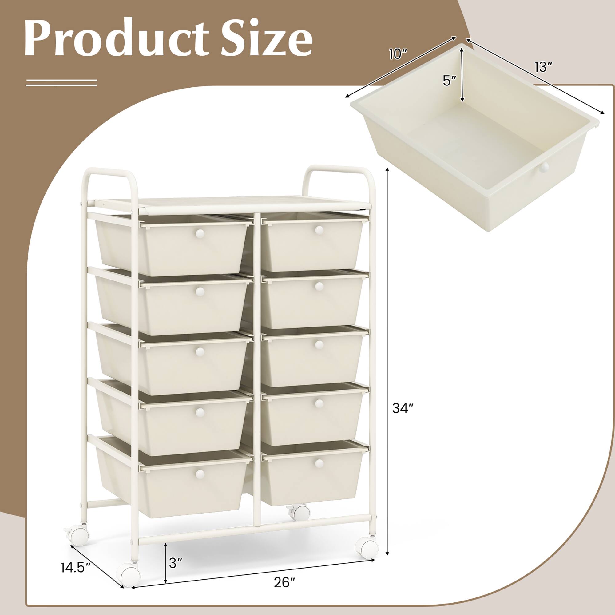 Product Size

- Width: 26"
- Depth: 14.5"
- Height: 34"
- Bin Size: 10" x 5" x 13"