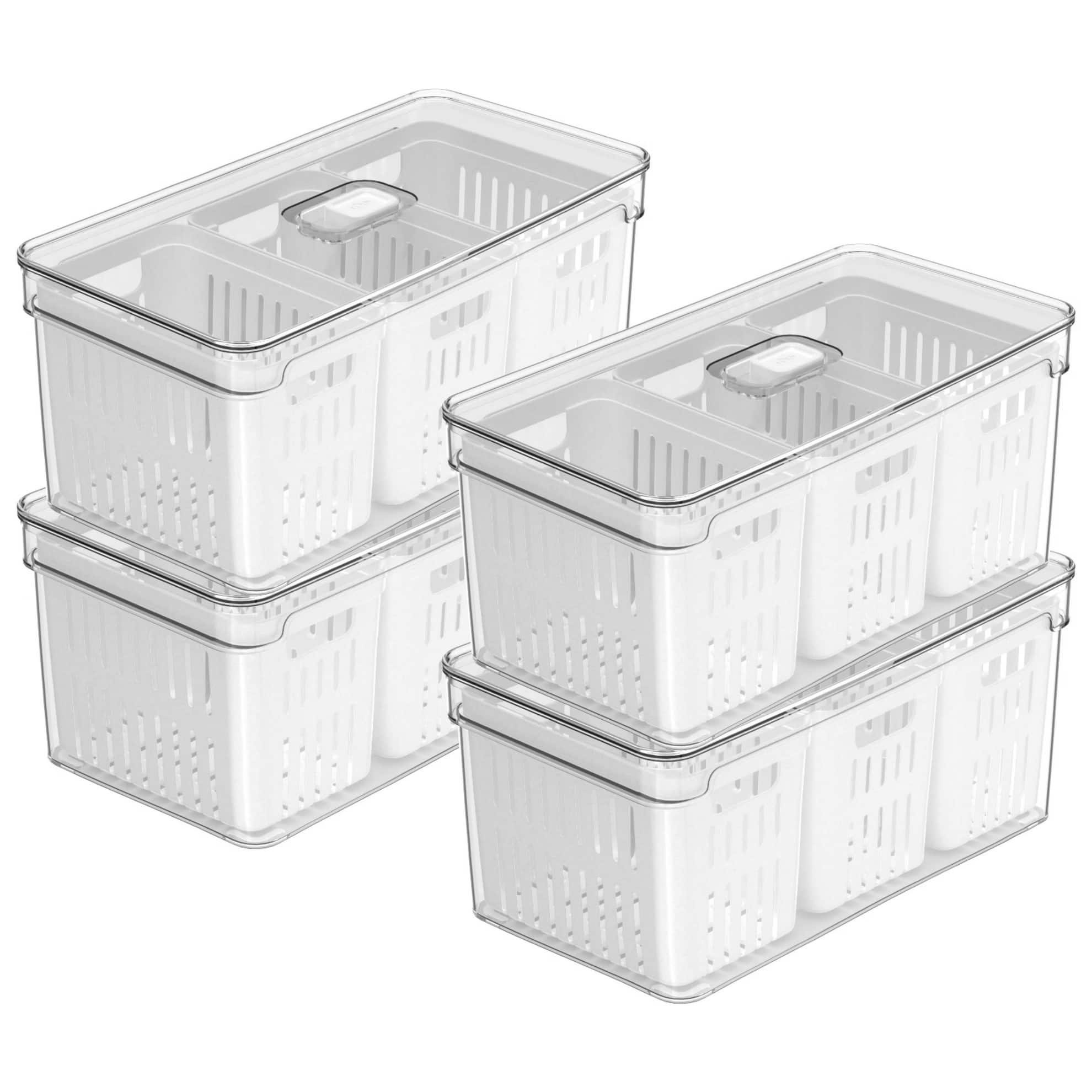 OU - Fridge Organizer Bins with Drain Basket & Vented Lid, BPA Free Produce Kitchen Storage Container - Clear