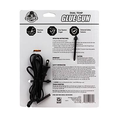 **GORILLA DUAL TEMP GLUE GUN**

**Precision Heat**
**Easy Squeeze Trigger**
**Enhanced Safety Features**

**OPERATING INSTRUCTIONS:**
1. Plug the glue gun into a 120V outlet.
2. Insert the glue stick into the gun.
3. Turn the temperature dial to the desired setting.
4. Press the trigger to dispense glue.
5. Hold the gun at a 45-degree angle.
6. Do not touch the hot nozzle.
7. Unplug the gun when not in use.

**IMPORTANT: CAUTION SAFETY INFORMATION**
- Do not touch the hot nozzle.
- Keep out of reach of children.
- Do not use near flammable materials.
- Do not immerse in water.

**CARE & MAINTENANCE:**
- Clean the nozzle with a damp cloth.
- Store in a cool, dry place.

**SAFETY INFORMATION:**
- Do not use if damaged.
- Do not disassemble.
- Do not use with damaged cords.

**WARRANTY:**
- 1-year limited warranty.

**MODEL: GORILLA GLUE GUN**
**ITEM #: 420005**