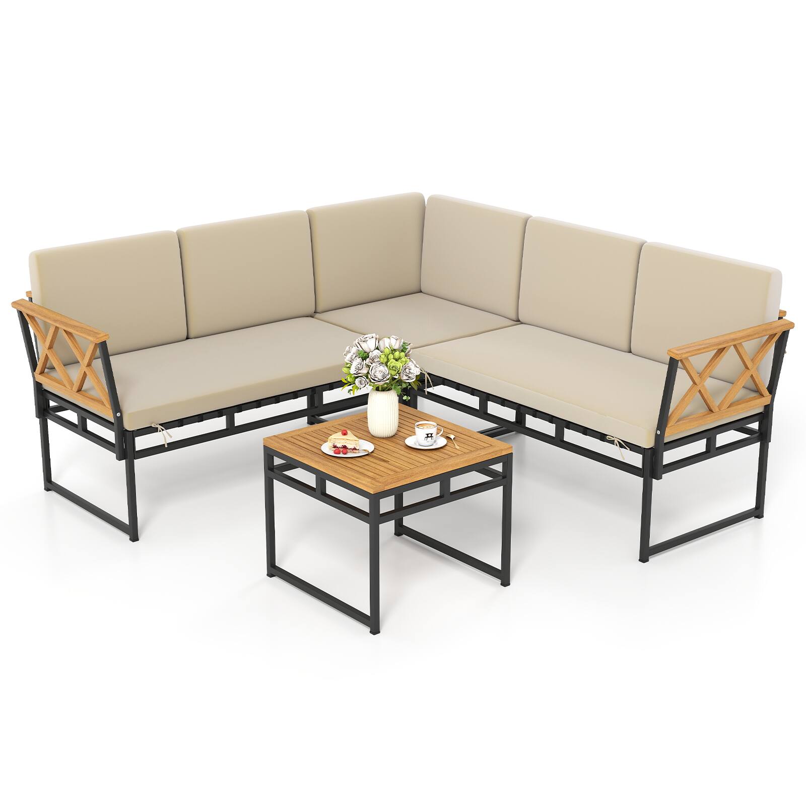 Alt View 4. Gymax - Gymax Set Of 4 Outdoor Sectional Sofa L-Shaped Metal Conversation Set w/ Cushions - Beige.