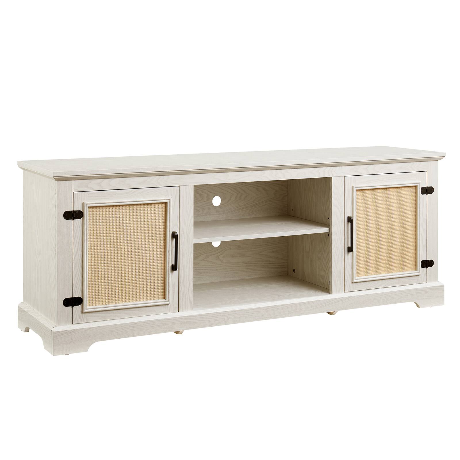 Alt View 7. Chateau Abodes - 65" Farmhouse TV Stand Entertainment Console 2 Storage Shelves, 2 Natural Rattan Door Cabinets for TV Up to 70" - Antique White.