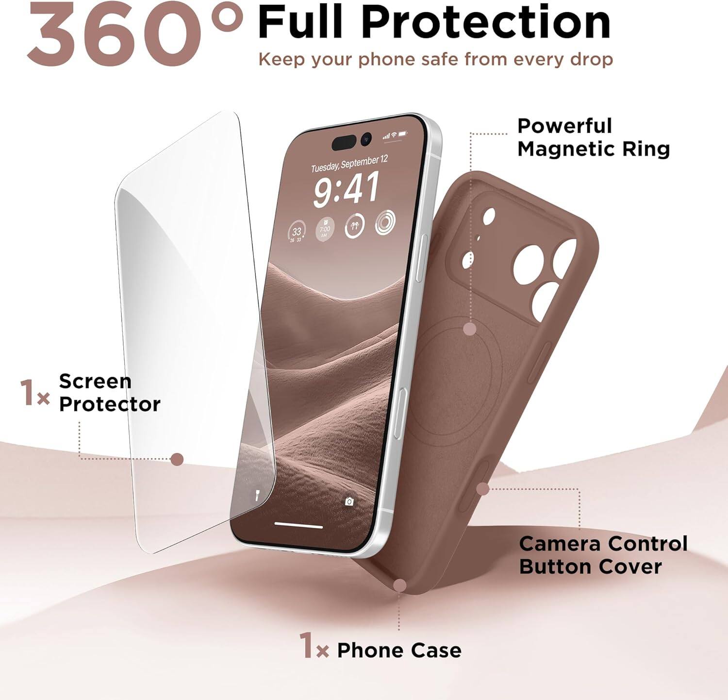 360° Full Protection  
Keep your phone safe from every drop  

- 1x Screen Protector  
- 1x Phone Case  
- Powerful Magnetic Ring  
- Camera Control Button Cover