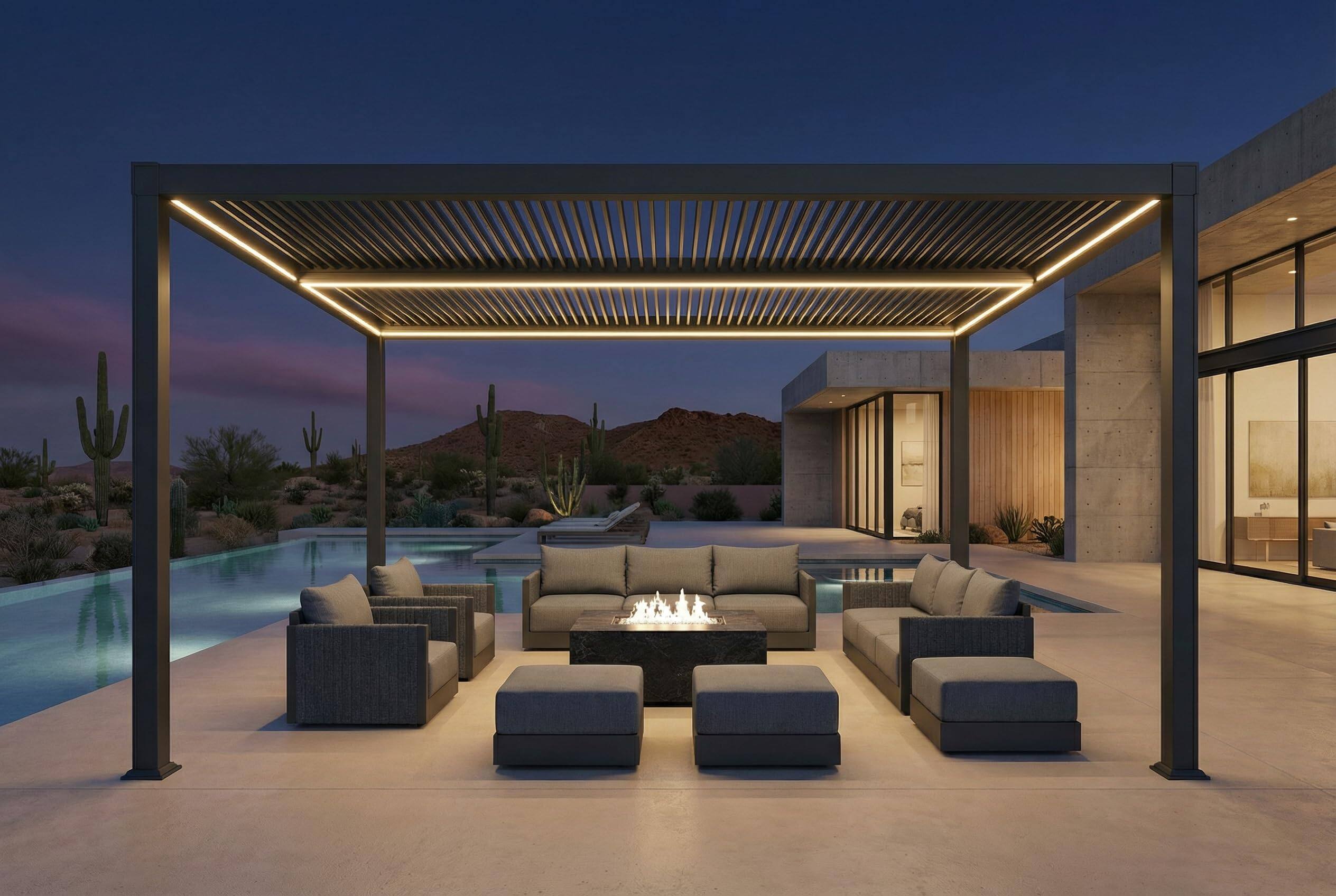 Angle. PURPLE LEAF - Louvered Pergola with LED Strip Lights Outdoor Gray Aluminum Hardtop Gazebo with Adjustable Roof for Patio Garden Yard - 13' X 15'.