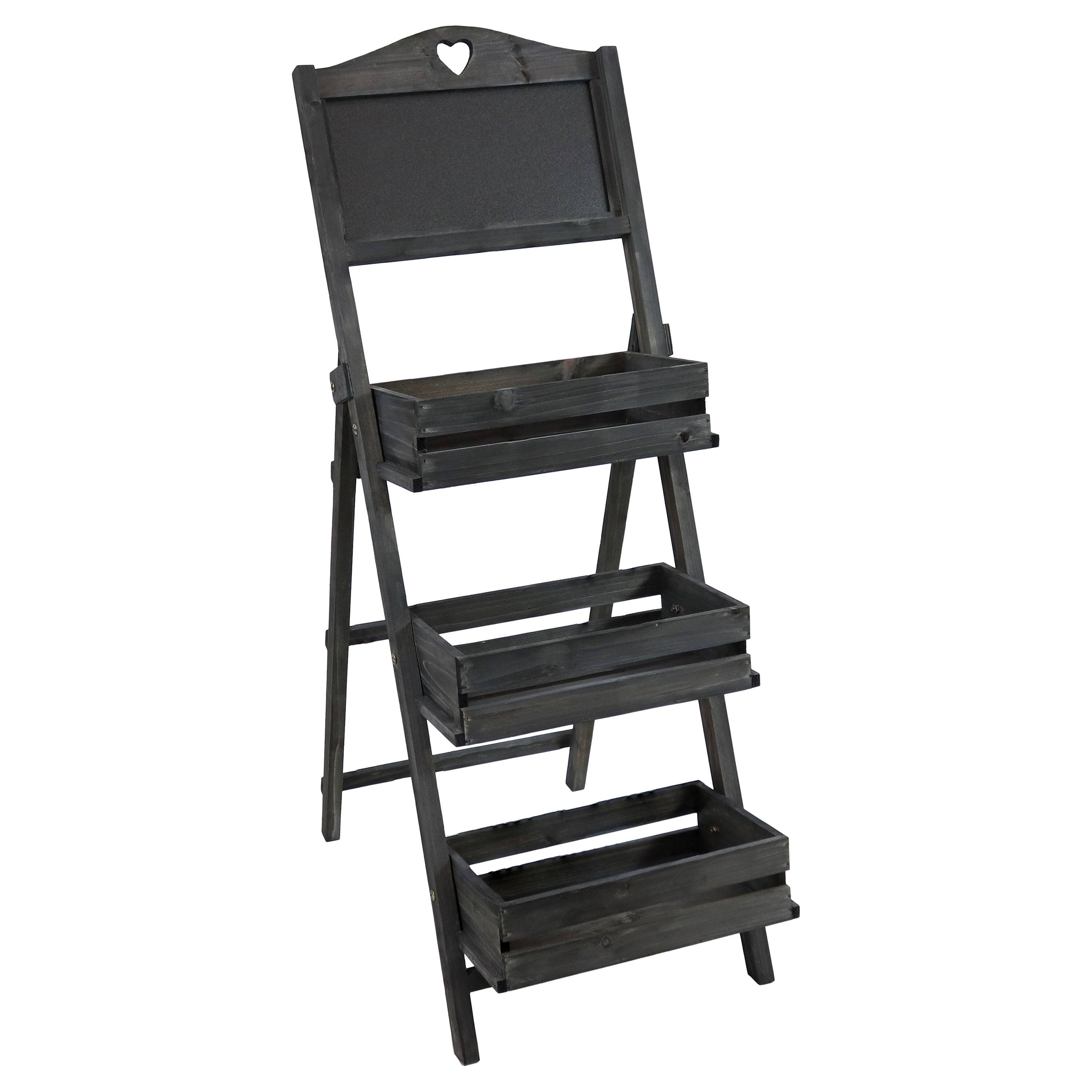 Front. Sunnydaze - Country Heart Ladder Plant Stand with Chalkboard - Black.