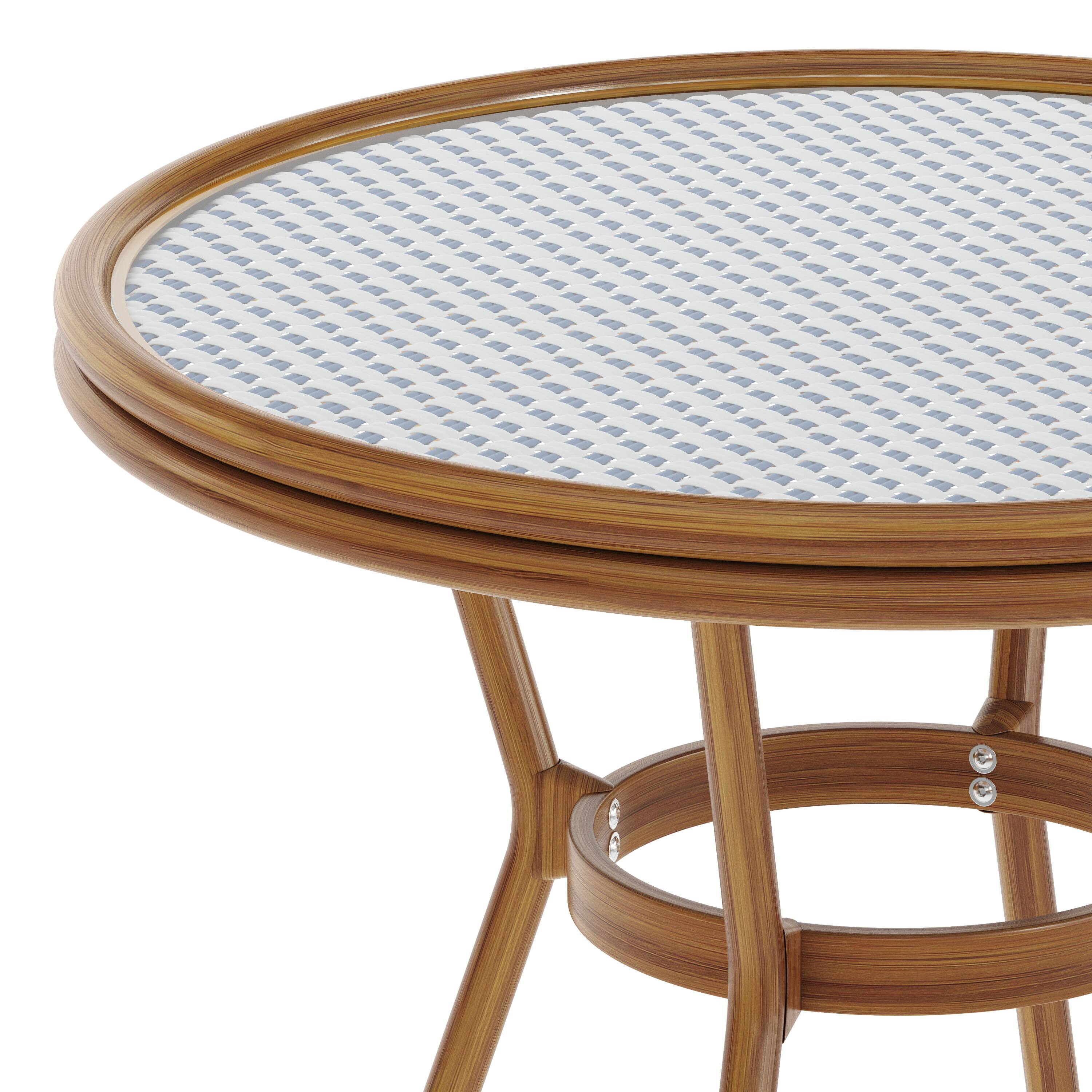Alt View 8. Emma + Oliver - Colmar Indoor/Outdoor Bistro Style 31.5 in. Table with PE Rattan, Glass Top, and Bamboo Finished Metal Frame - White & Navy Rattan/Natural Frame.