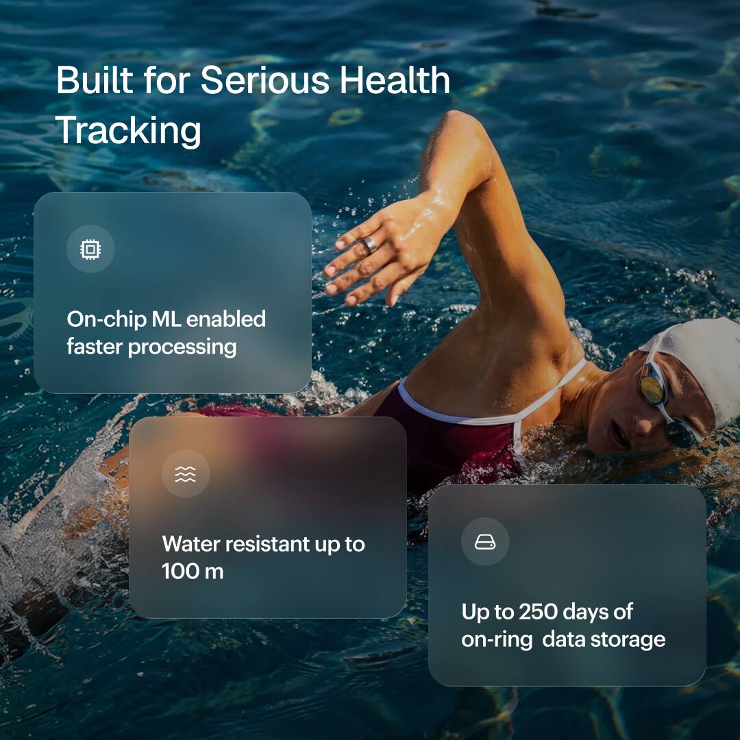 Built for Serious Health Tracking

- On-chip ML enabled faster processing
- Water resistant up to 100 m
- Up to 250 days of on-ring data storage