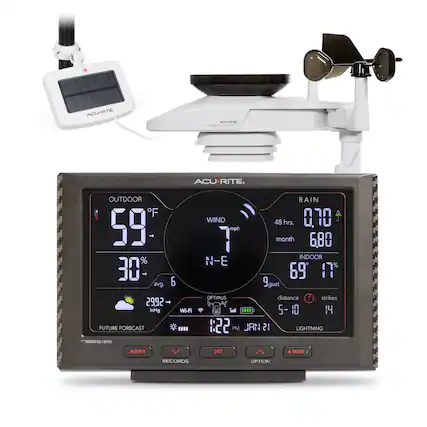 ACURITE
OUTDOOR
59°F
30% avg.
2992 inHg
FUTURE FORECAST
0006189M 18WM 6
Wi-Fi
RAIN
0.10
48 hrs.
6 month
6,80
INDOOR
69°F
17%
gust
distance
5-10
strikes
14
LIGHTNING ALERTS
SET MUTE
RECORDS
OPTION
