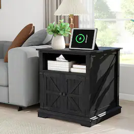 Vipbear - 24" Large Side Table with Charging Station, Barn Door, Wood Rustic Square Nightstand Bedside Table - Black