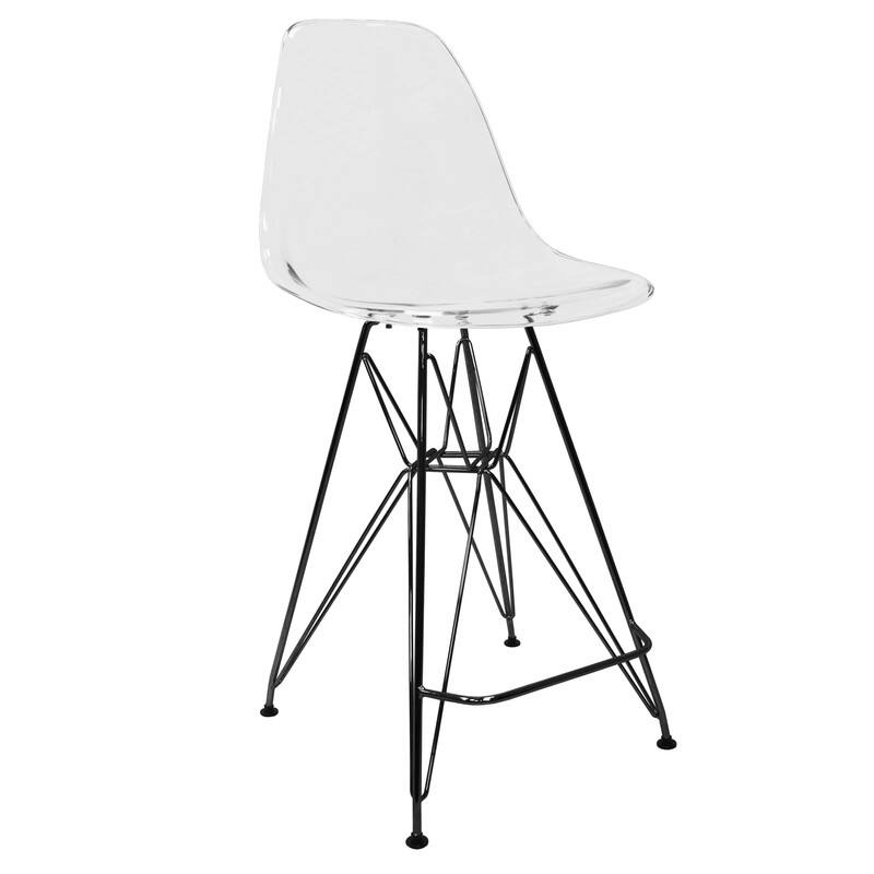LeisureMod- Cresco Modern Acrylic Barstool, Swivel Counter Height Stool with Black Base Footrest- Clear