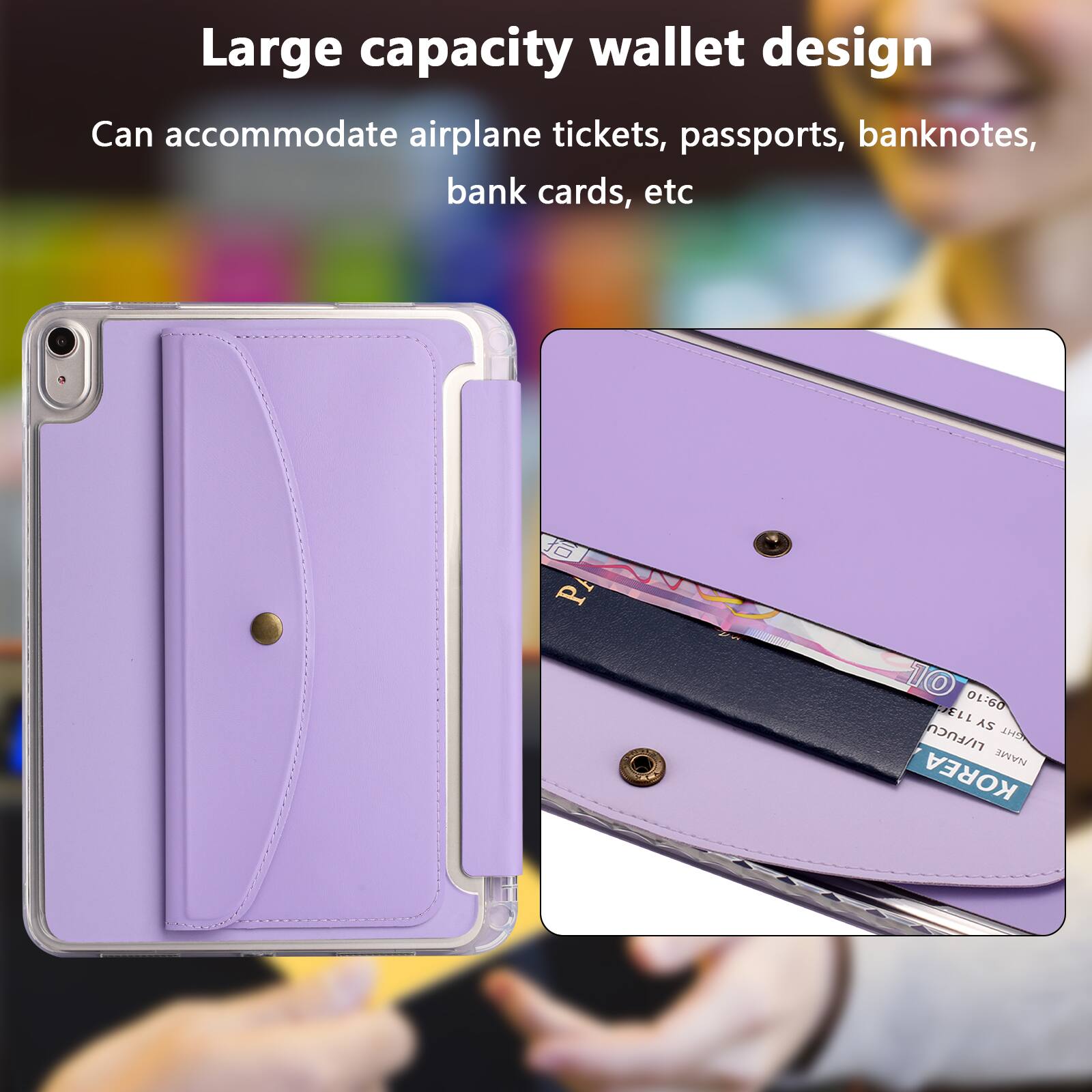 Large capacity wallet design  
Can accommodate airplane tickets, passports, banknotes, bank cards, etc