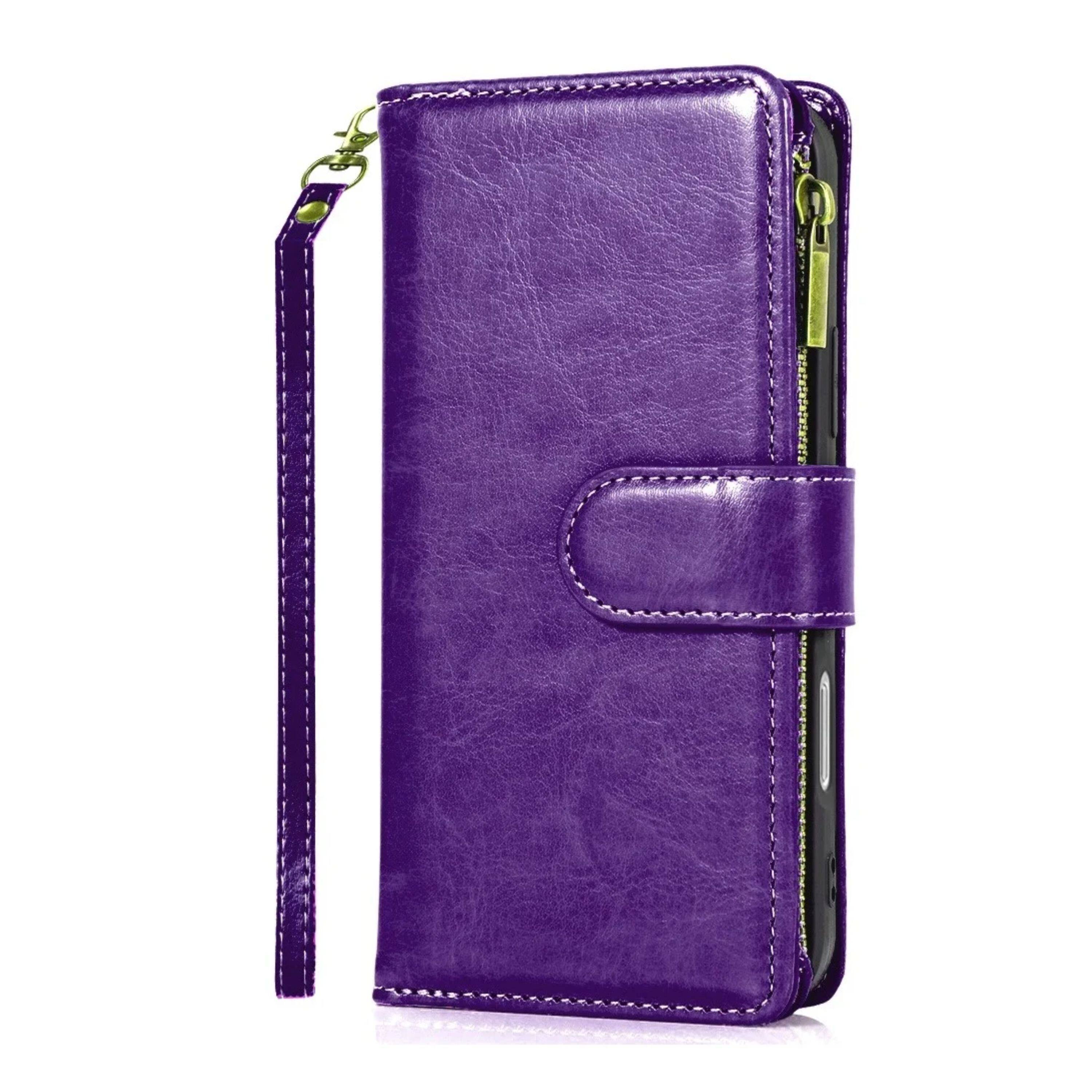 Left. Kitcheniva - PU Leather Phone Wallet Zipper With Tempered Glass For iPhone 16 Pro Max Dark Purple - Dark Purple.