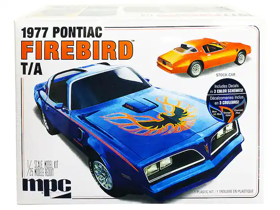 1977 PONTIAC FIREBIRD T/A
1/25 SCALE MODEL KIT
Includes Decals in 3 COLOR SCHEMES!
Décals inclus en 3 COULEURS!
Charcoal / Blue / Orange / Red / Gold
1 PLASTIC KIT / 1 TROUSSE EN PLASTIQUE
STOCK CAR
mpc