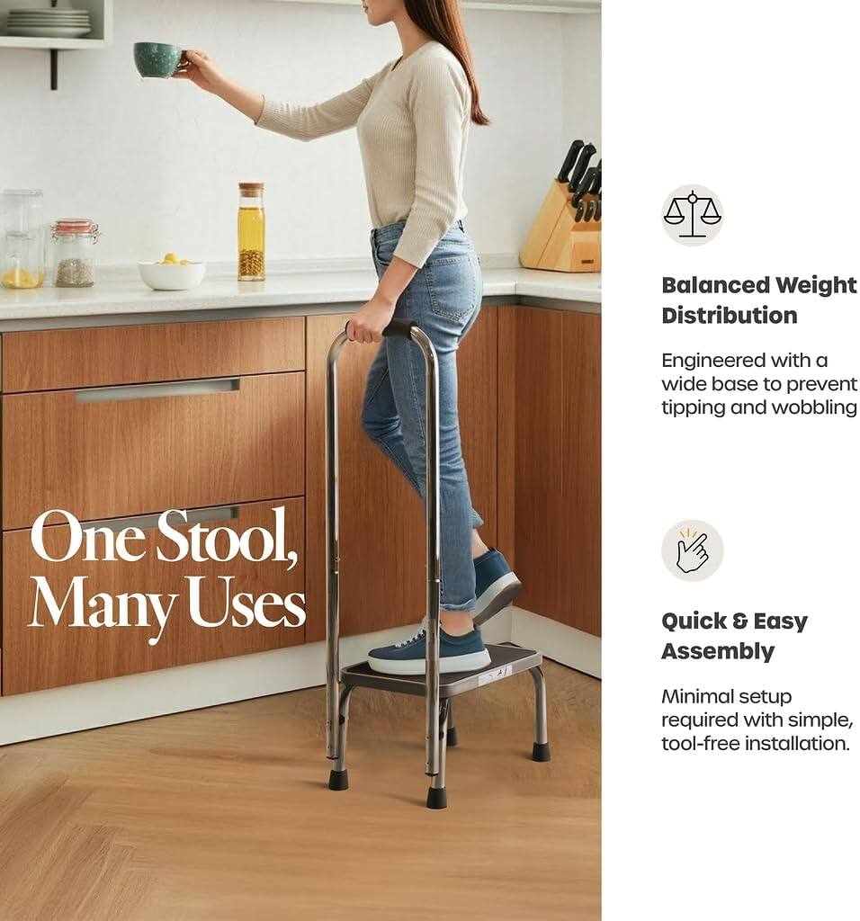 Balanced Weight Distribution  
Engineered with a wide base to prevent tipping and wobbling  

One Stool, Many Uses  

Quick & Easy Assembly  
Minimal setup required with simple, tool-free installation.