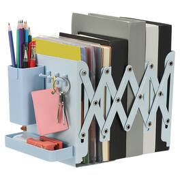 Unique Bargains - Adjustable Book Ends, 7.5" Tall Heavy Duty Metal Adjustable Bookends, with Removable Pen Holder Tray and 3 Hook-up - Blue