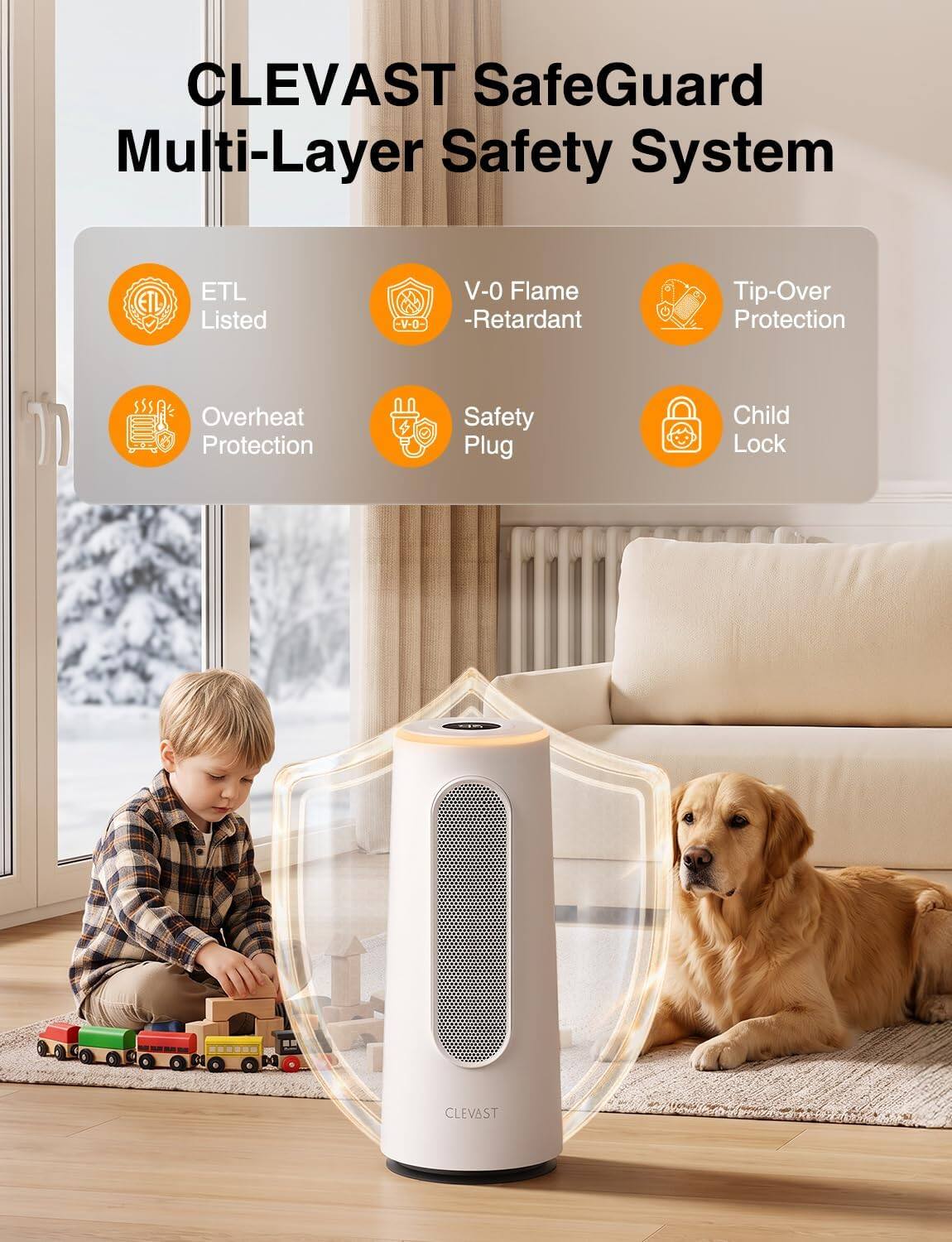 CLEVAST SafeGuard Multi-Layer Safety System

- ETL Listed
- V-0 Flame Retardant
- Tip-Over Protection
- Overheat Protection
- Safety Plug
- Child Lock