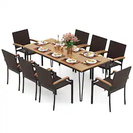 Gymax - 9PCS Patio Dining Set w/79'' Rectangular Dining Table & 8 Stackable Rattan Chairs - Brown