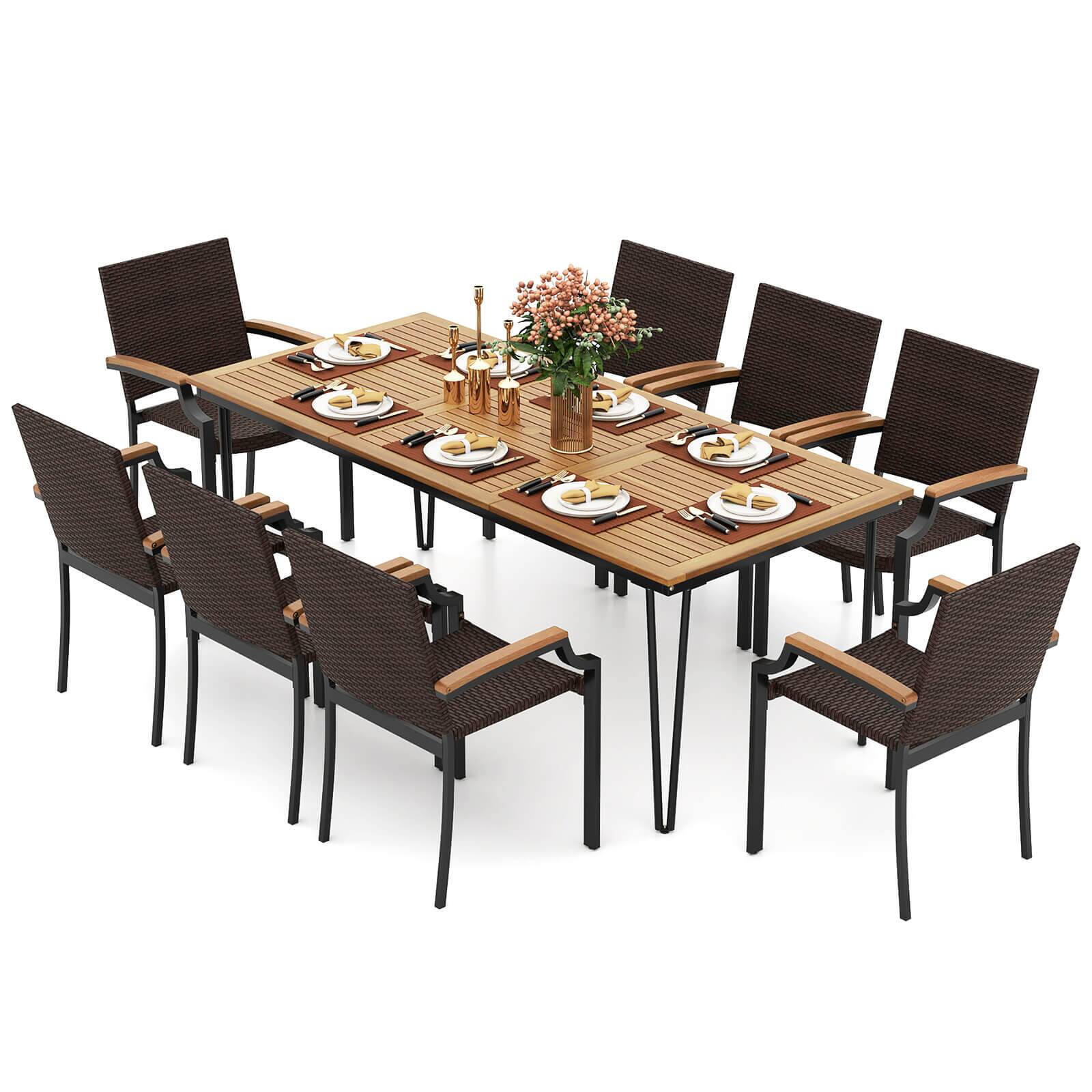 Alt View 2. Costway - Costway 9PCS Patio Dining Set with 79" Rectangular Dining Table & 8 Stackable Rattan Chairs - Mix Brown.