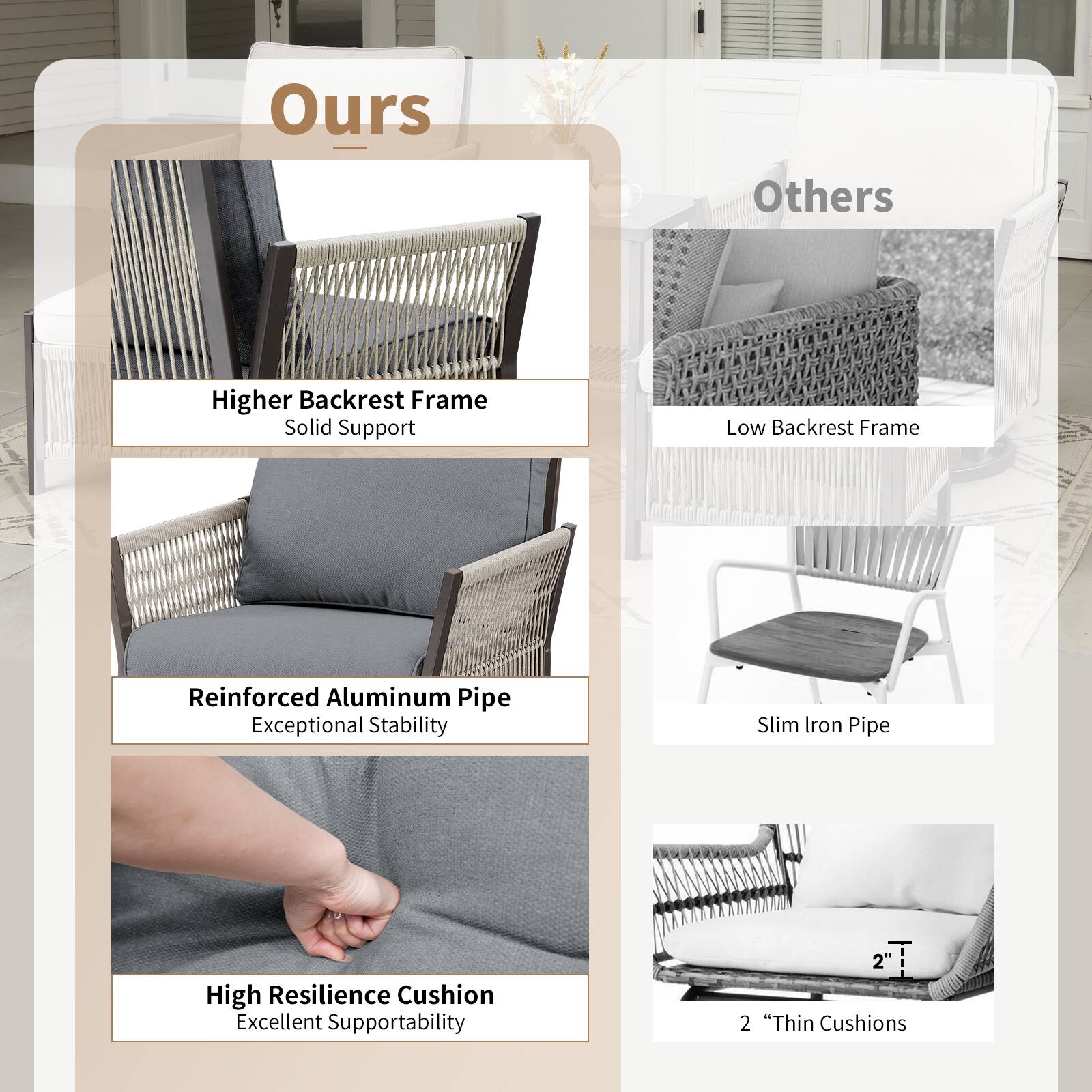 **Ours**

- Higher Backrest Frame
  - Solid Support

- Reinforced Aluminum Pipe
  - Exceptional Stability

- High Resilience Cushion
  - Excellent Supportability

**Others**

- Low Backrest Frame

- Slim Iron Pipe

- 2" Thin Cushions