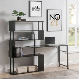 GOODSILO - L-Shaped Corner Computer Desk with Rotating Table & 5-Tier Bookshelf - Lockable Casters - Black