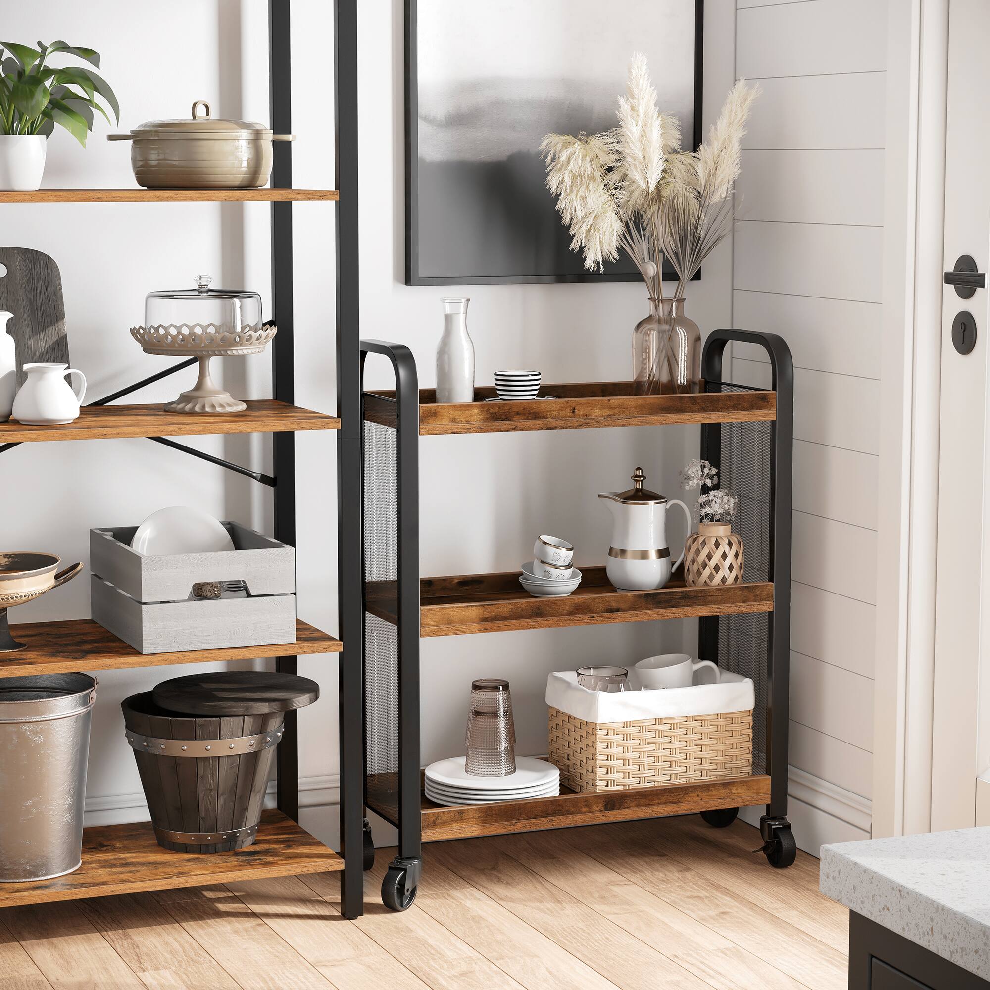 Left. Songmics Home - 3-Tier Narrow Storage Cart, Rolling Cart with Wheels, Steel Frame, Slim Storage Cart for Kitchen, Dining Room - Rustic Brown and.