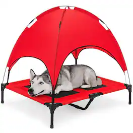 Best Choice Products - 36in Outdoor Raised Mesh Cot Cooling Dog Pet Bed w/ Removable Canopy, Travel Bag - Red