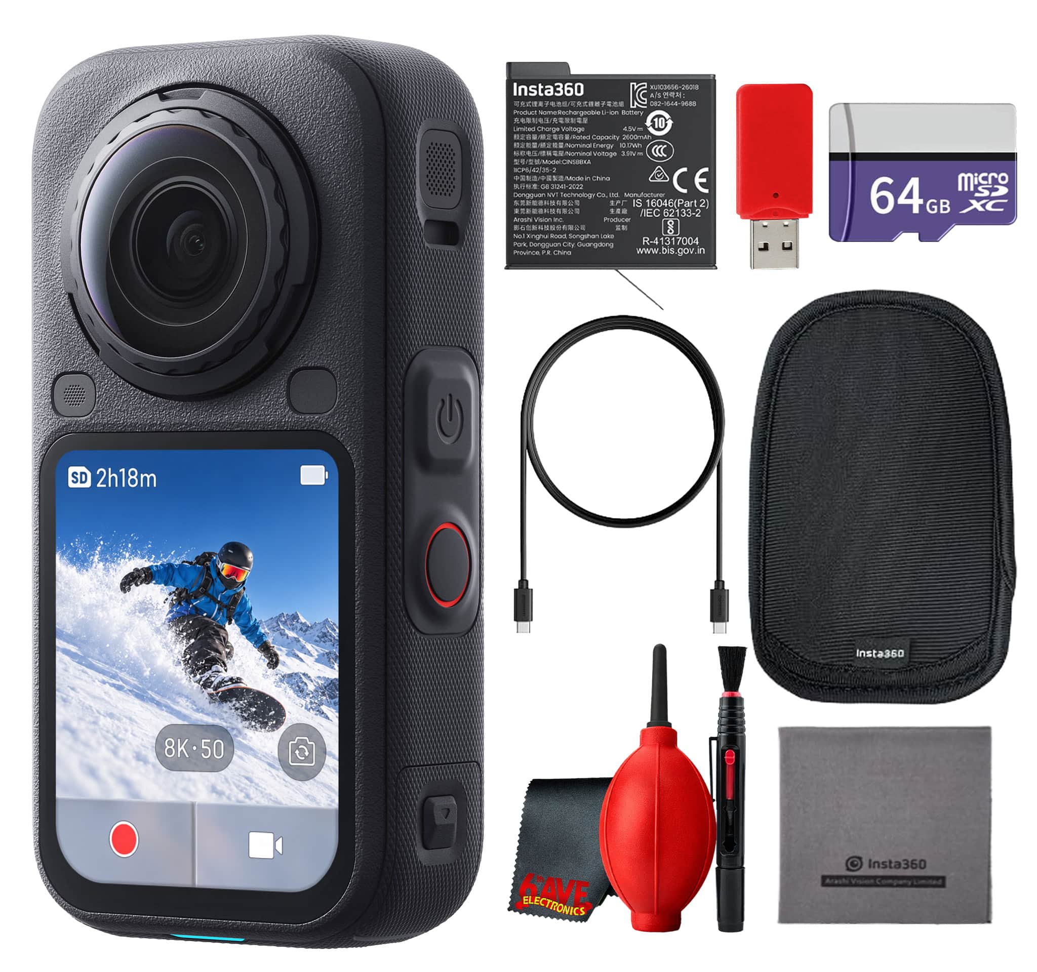 Insta360 - X6 8K 360° Action Camera, 66ft Waterproof Standard Bundle (Black) - Black