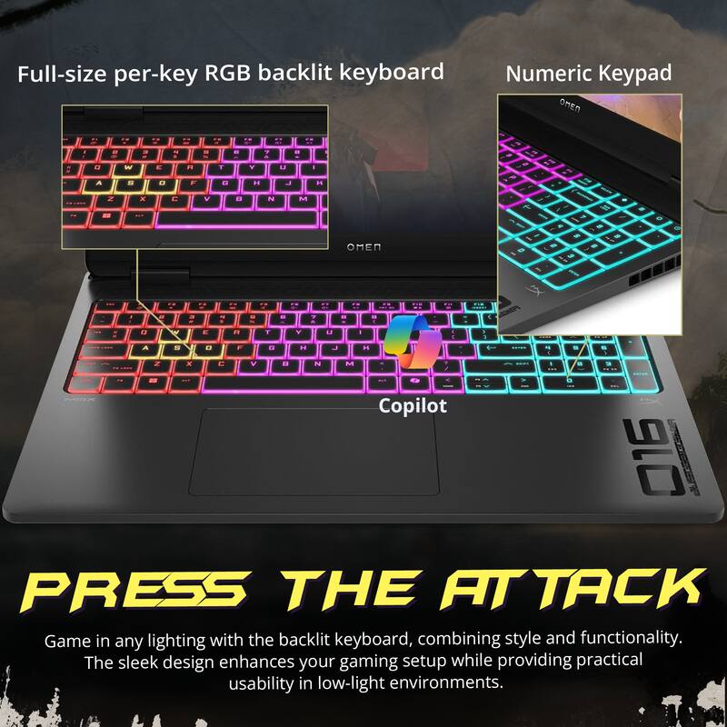 Full-size per-key RGB backlit keyboard  
Numeric Keypad  

PRESS THE ATTACK  
Game in any lighting with the backlit keyboard, combining style and functionality. The sleek design enhances your gaming setup while providing practical usability in low-light environments.