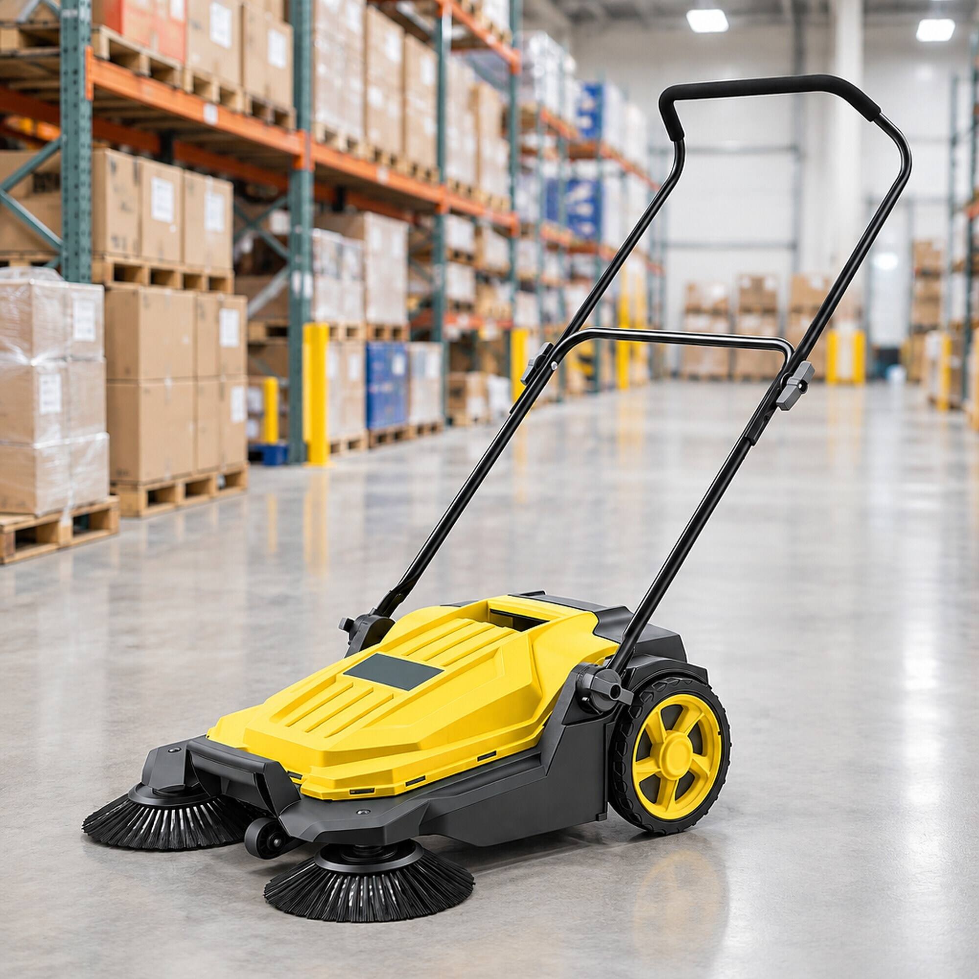 Back. RYHNUYNE - Walk-Behind Hand Push Floor Sweeper, 25.6 in Sweeping Width, 5 Gallons Waste Container, Folding Handle, Yellow - Yellow.