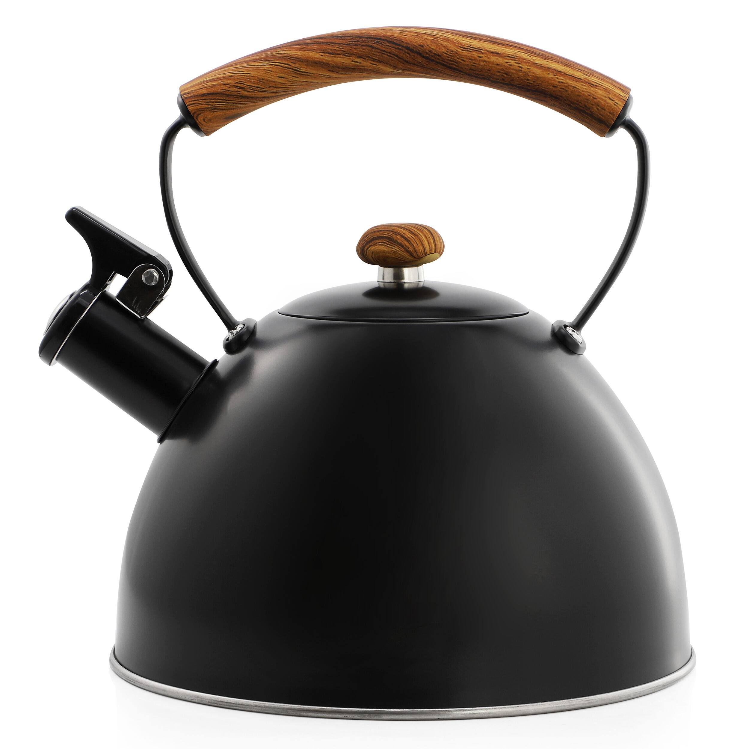 Left. MegaChef - MegaChef 3.2 Quart Whistling Tea Kettle with Wood Grain Nylon Cool Touch Handle, Matte Black - Black.