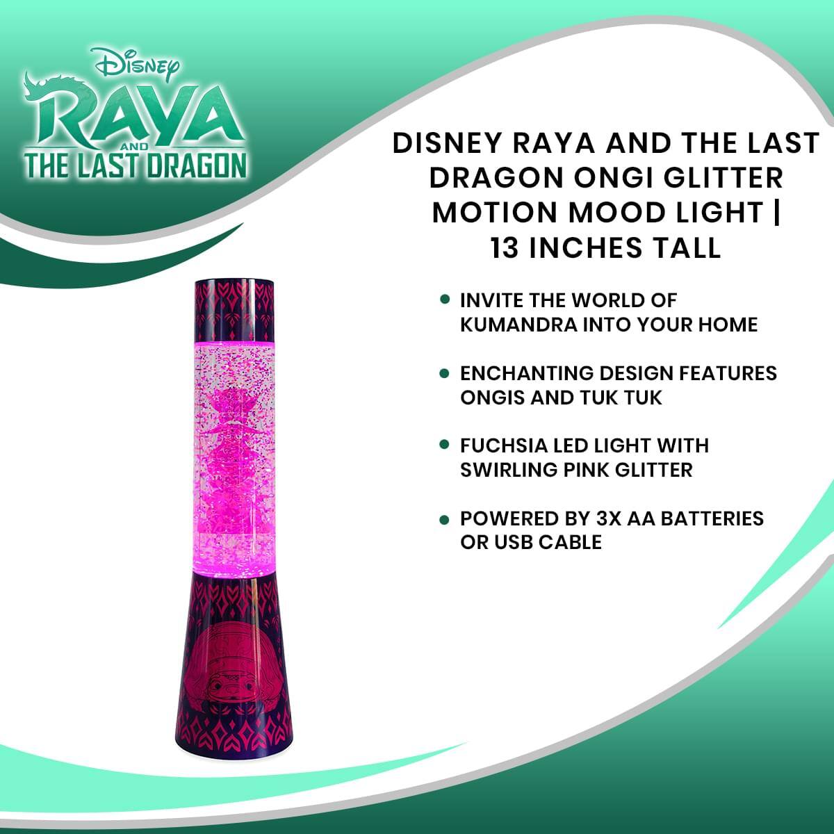 Disney Raya and the Last Dragon Ongi Glitter Motion Mood Light | 13 Inches Tall

- Invite the world of Kumandra into your home
- Enchanting design features Ongis and Tuk Tuk
- Fuchsia LED light with swirling pink glitter
- Powered by 3x AA batteries or USB cable