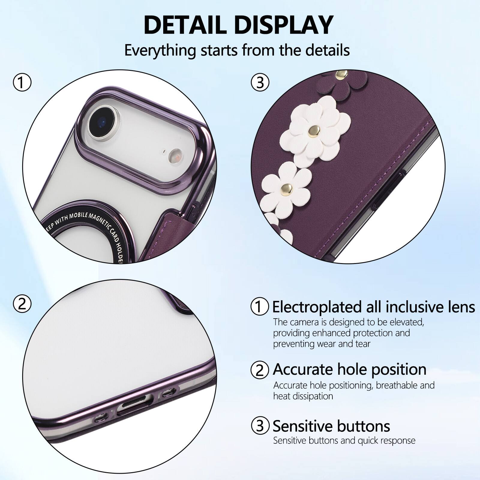 DETAIL DISPLAY  
Everything starts from the details

1. Electroplated all inclusive lens  
The camera is designed to be elevated, providing enhanced protection and preventing wear and tear

2. Accurate hole position  
Accurate hole positioning, breathable and heat dissipation

3. Sensitive buttons  
Sensitive buttons and quick response